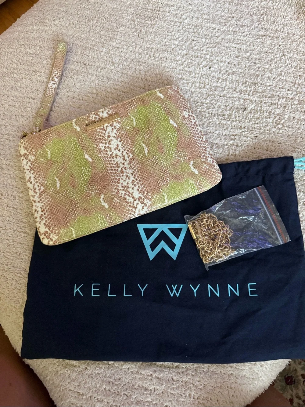 Kelly Wynne Green and Neutral Snake-Print Clutch/wristlet bag